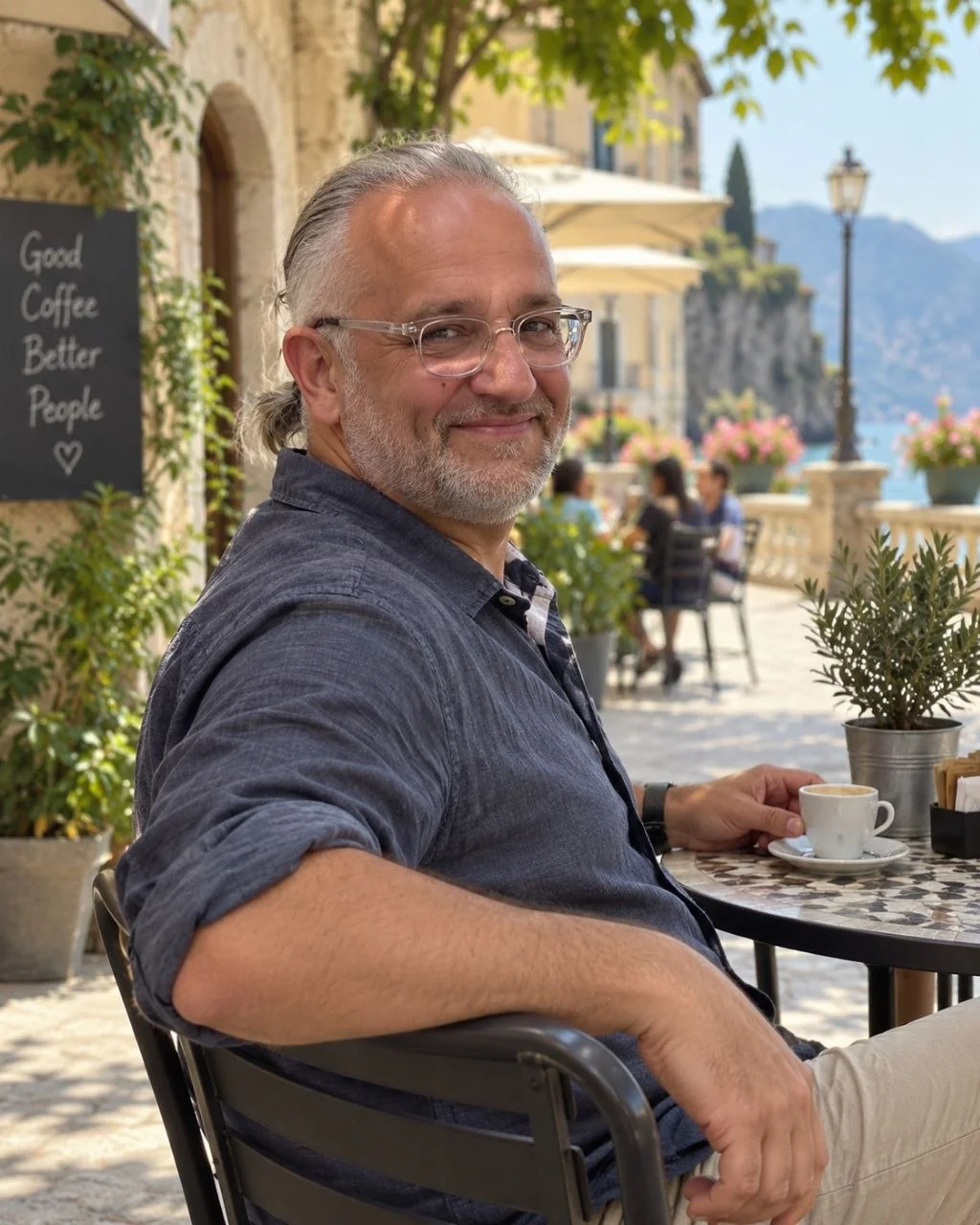 Giacomo Rossi seduto a un tavolino all’aperto, con un caffè
