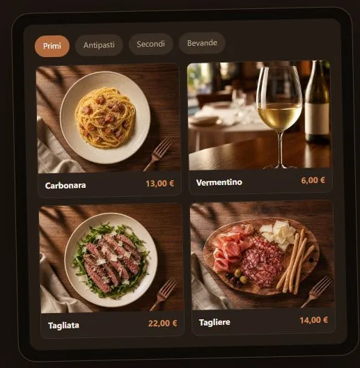 Il tablet RISTIQ con le fotografie e le categorie del menu dimostrativo